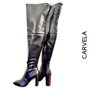 Carvela NWT Over The Knee Back Lace-Up Detail Black Faux Leather Heeled Boots 6
